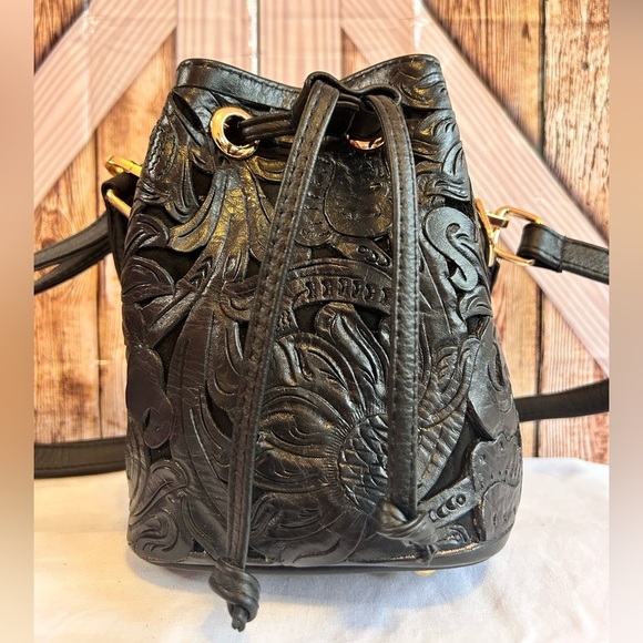 PASLEY  MINI TOOLED LEATHER BUCKET BAG | Black and Tan Women’s Bag luxurious (B) - Picture 2 of 5